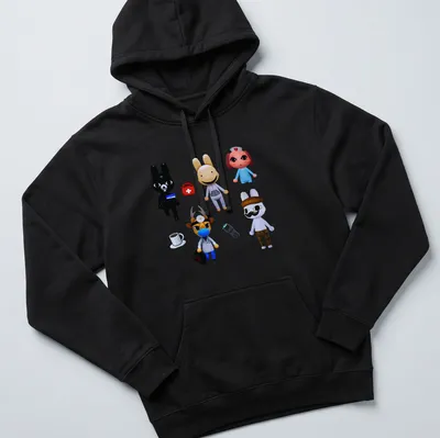 Kawaii animal hospital characters in black, white, brown, blue, red, and pink. — printed on a unisex hoodie
