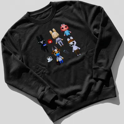 Kawaii animal hospital characters in black, white, brown, blue, red, and pink. — printed on a unisex sweatshirt