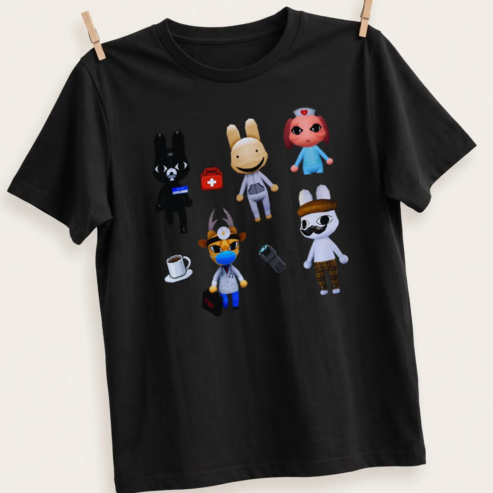 Kawaii animal hospital characters in black, white, brown, blue, red, and pink. — printed on a unisex t-shirt