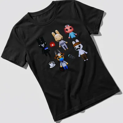 Kawaii animal hospital characters in black, white, brown, blue, red, and pink. — printed on a women's shirt