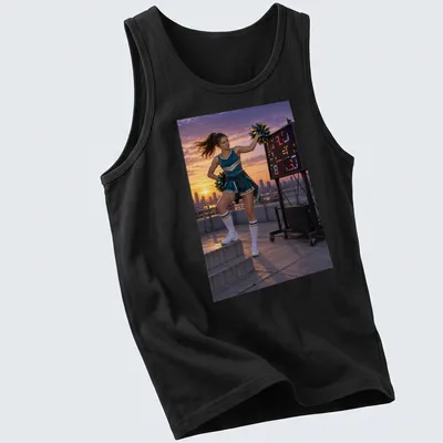 Photographic print of an annoyed cheerleader in blue uniform against a sunset background — printed on a tank top