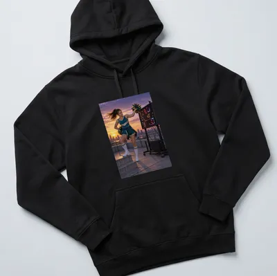 Photographic print of an annoyed cheerleader in blue uniform against a sunset background — printed on a unisex hoodie