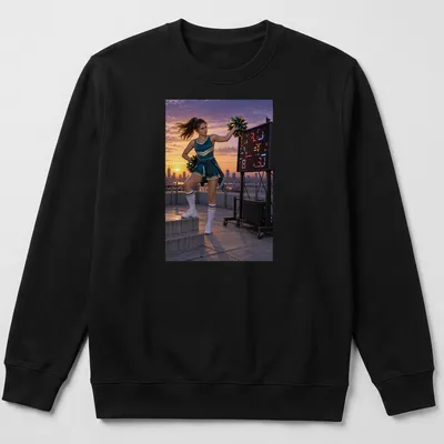 Photographic print of an annoyed cheerleader in blue uniform against a sunset background — printed on a unisex sweatshirt