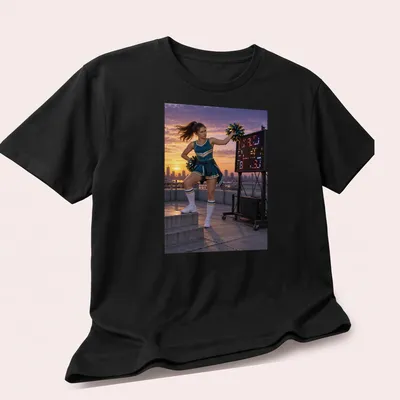 Photographic print of an annoyed cheerleader in blue uniform against a sunset background — printed on a unisex t-shirt (angled view)