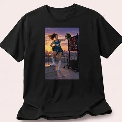 Photographic print of an annoyed cheerleader in blue uniform against a sunset background — printed on a unisex t-shirt