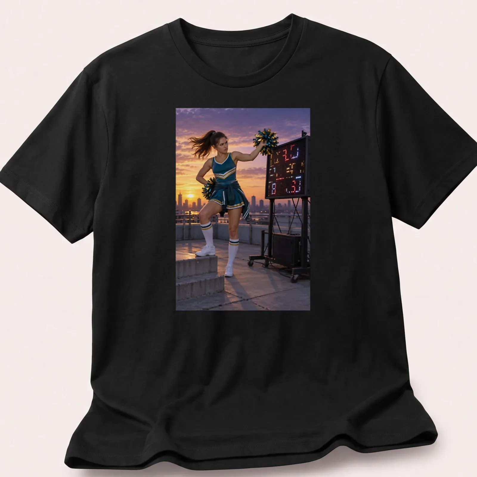 Photographic print of an annoyed cheerleader in blue uniform against a sunset background — printed on a unisex t-shirt