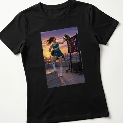 Photographic print of an annoyed cheerleader in blue uniform against a sunset background — printed on a women's shirt