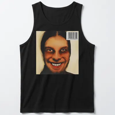 Digital art of a smiling face in brown, black, and white shades — printed on a tank top