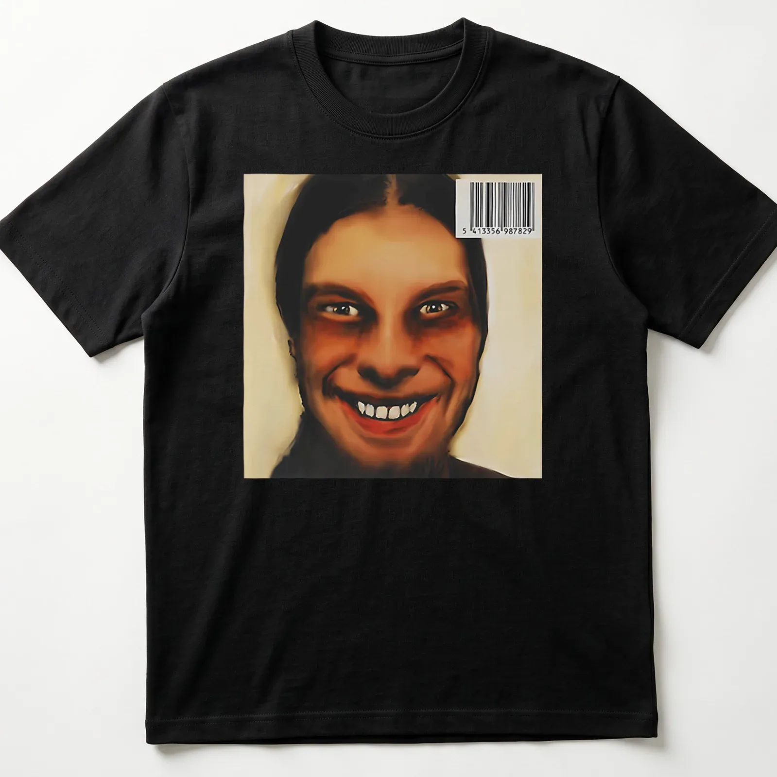 Digital art of a smiling face in brown, black, and white shades — printed on a unisex t-shirt