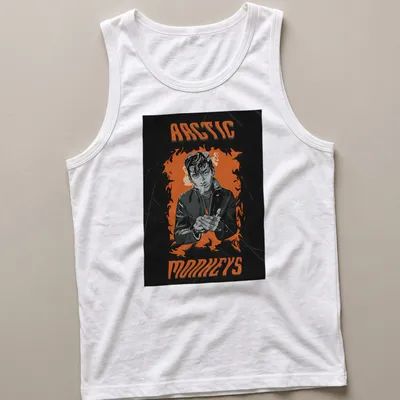 Illustration of a man with a cigarette against a fiery background, featuring Arctic Monkeys text. — printed on a tank top