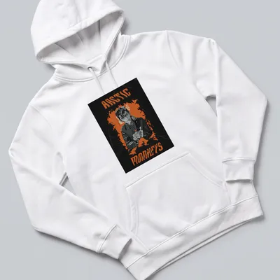 Illustration of a man with a cigarette against a fiery background, featuring Arctic Monkeys text. — printed on a unisex hoodie