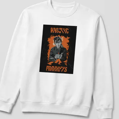 Illustration of a man with a cigarette against a fiery background, featuring Arctic Monkeys text. — printed on a unisex sweatshirt