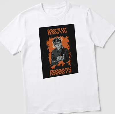 Illustration of a man with a cigarette against a fiery background, featuring Arctic Monkeys text.
