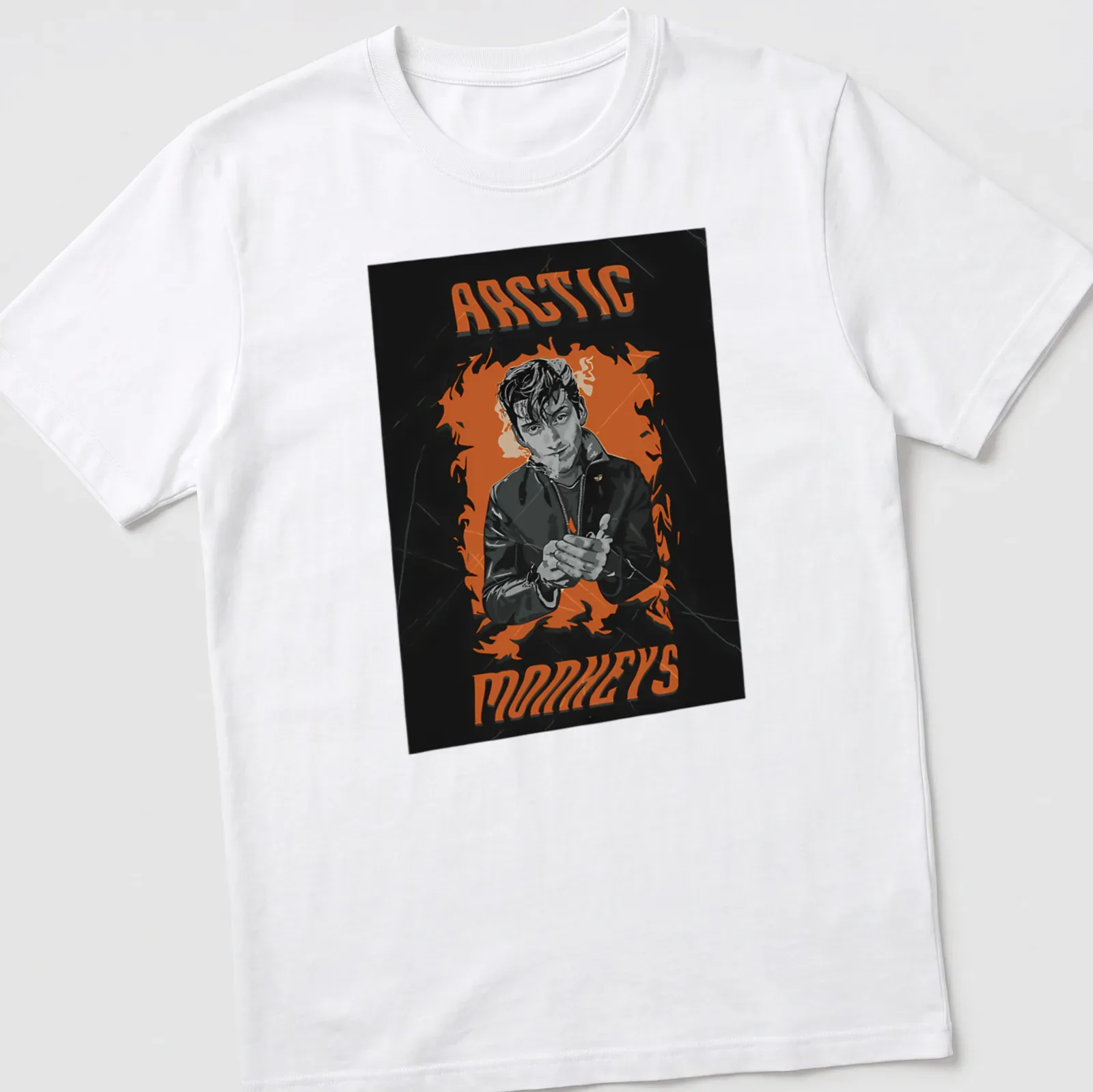 Illustration of a man with a cigarette against a fiery background, featuring Arctic Monkeys text. — printed on a unisex t-shirt