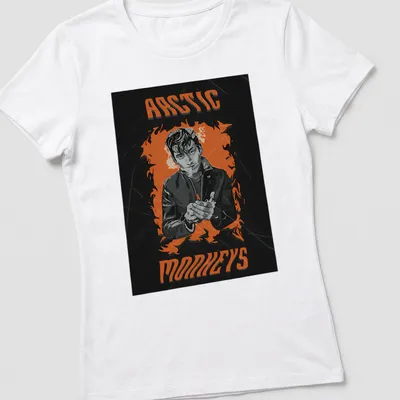 Illustration of a man with a cigarette against a fiery background, featuring Arctic Monkeys text. — printed on a women's shirt