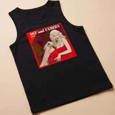 Retro t-shirt featuring vintage model with text about art and camera in red and beige — printed on a tank top