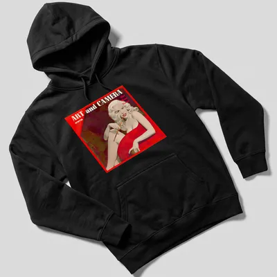 Retro t-shirt featuring vintage model with text about art and camera in red and beige — printed on a unisex hoodie