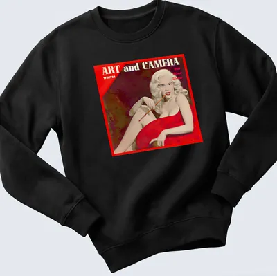 Retro t-shirt featuring vintage model with text about art and camera in red and beige — printed on a unisex sweatshirt