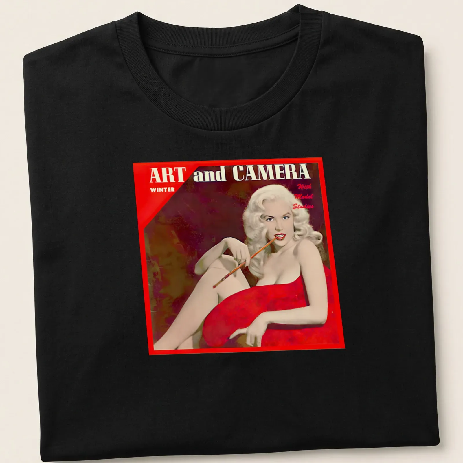 Retro t-shirt featuring vintage model with text about art and camera in red and beige — printed on a unisex t-shirt