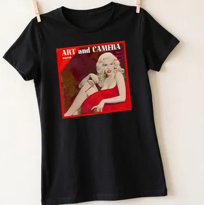 Retro t-shirt featuring vintage model with text about art and camera in red and beige — printed on a women's shirt
