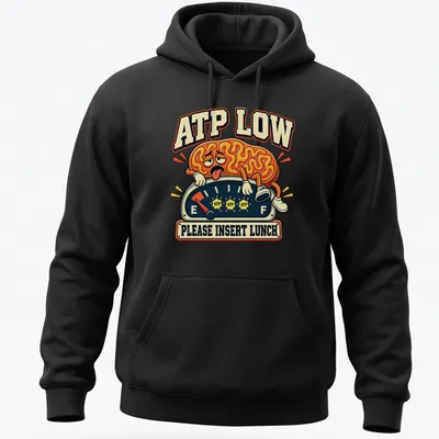Vintage cartoon brain on gauge with humorous text about lunch. — printed on a unisex hoodie