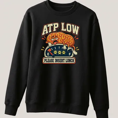 Vintage cartoon brain on gauge with humorous text about lunch. — printed on a unisex sweatshirt
