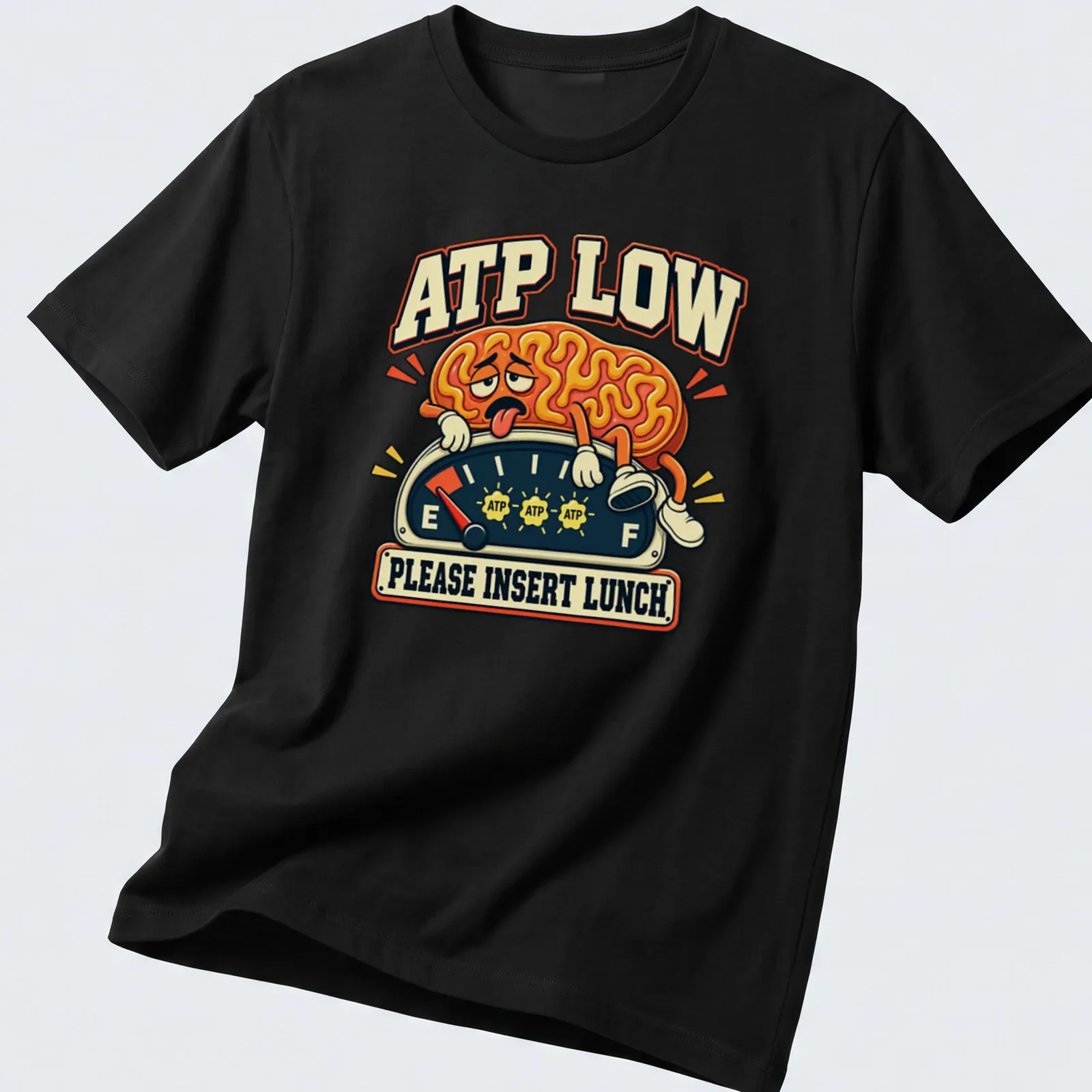 Vintage cartoon brain on gauge with humorous text about lunch. — printed on a unisex t-shirt