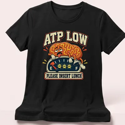 Vintage cartoon brain on gauge with humorous text about lunch. — printed on a women's shirt