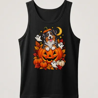 Cartoon of an Australian Shepherd dog inside a pumpkin with playful ghosts. — printed on a tank top
