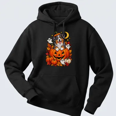 Cartoon of an Australian Shepherd dog inside a pumpkin with playful ghosts. — printed on a unisex hoodie