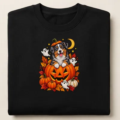 Cartoon of an Australian Shepherd dog inside a pumpkin with playful ghosts. — printed on a unisex sweatshirt