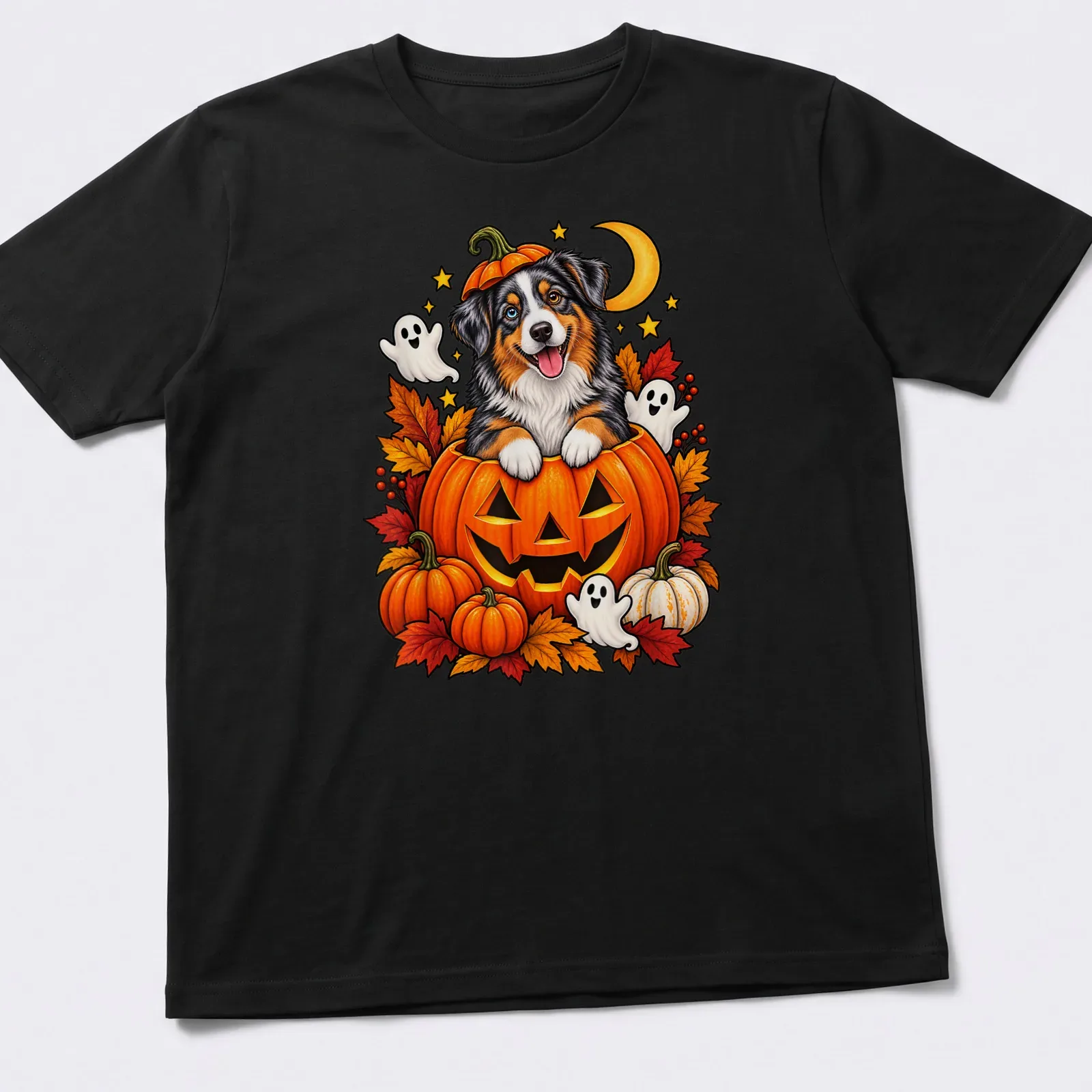 Cartoon of an Australian Shepherd dog inside a pumpkin with playful ghosts. — printed on a unisex t-shirt
