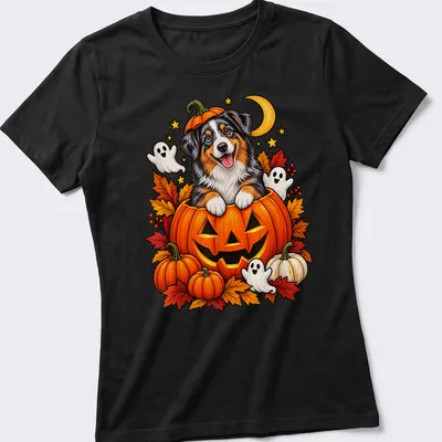 Cartoon of an Australian Shepherd dog inside a pumpkin with playful ghosts. — printed on a women's shirt