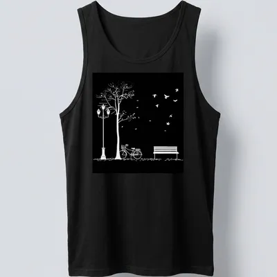 Minimalist black and white illustration of a bicycle, bench, lamppost, tree, and birds. — printed on a tank top