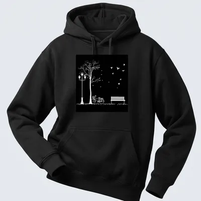 Minimalist black and white illustration of a bicycle, bench, lamppost, tree, and birds. — printed on a unisex hoodie