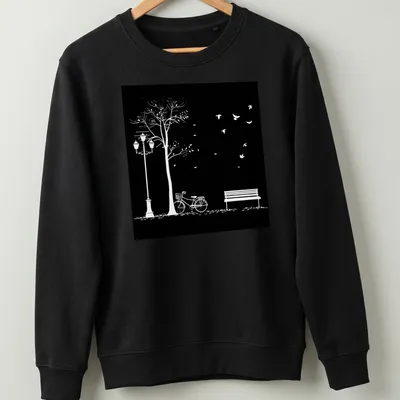 Minimalist black and white illustration of a bicycle, bench, lamppost, tree, and birds. — printed on a unisex sweatshirt