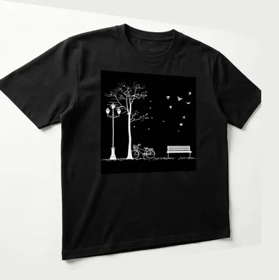 Minimalist black and white illustration of a bicycle, bench, lamppost, tree, and birds. — printed on a unisex t-shirt (angled view)