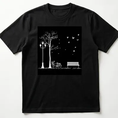 Minimalist black and white illustration of a bicycle, bench, lamppost, tree, and birds. — printed on a unisex t-shirt