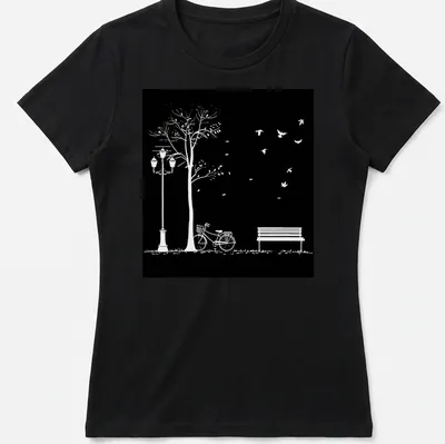 Minimalist black and white illustration of a bicycle, bench, lamppost, tree, and birds. — printed on a women's shirt