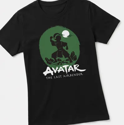 Silhouette of an earthbender with Avatar text in bold lettering — printed on a women's shirt