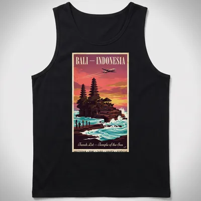Vintage style T-shirt featuring Tanah Lot Temple in Bali with vibrant sunset colors — printed on a tank top
