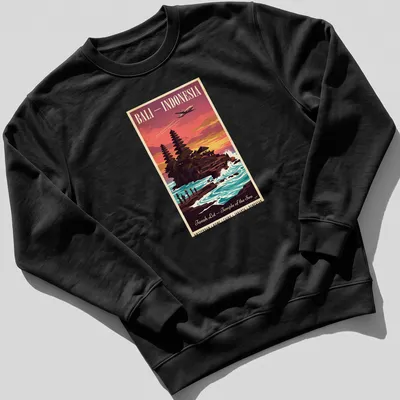 Vintage style T-shirt featuring Tanah Lot Temple in Bali with vibrant sunset colors — printed on a unisex sweatshirt