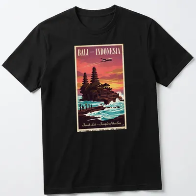 Vintage style T-shirt featuring Tanah Lot Temple in Bali with vibrant sunset colors — printed on a unisex t-shirt