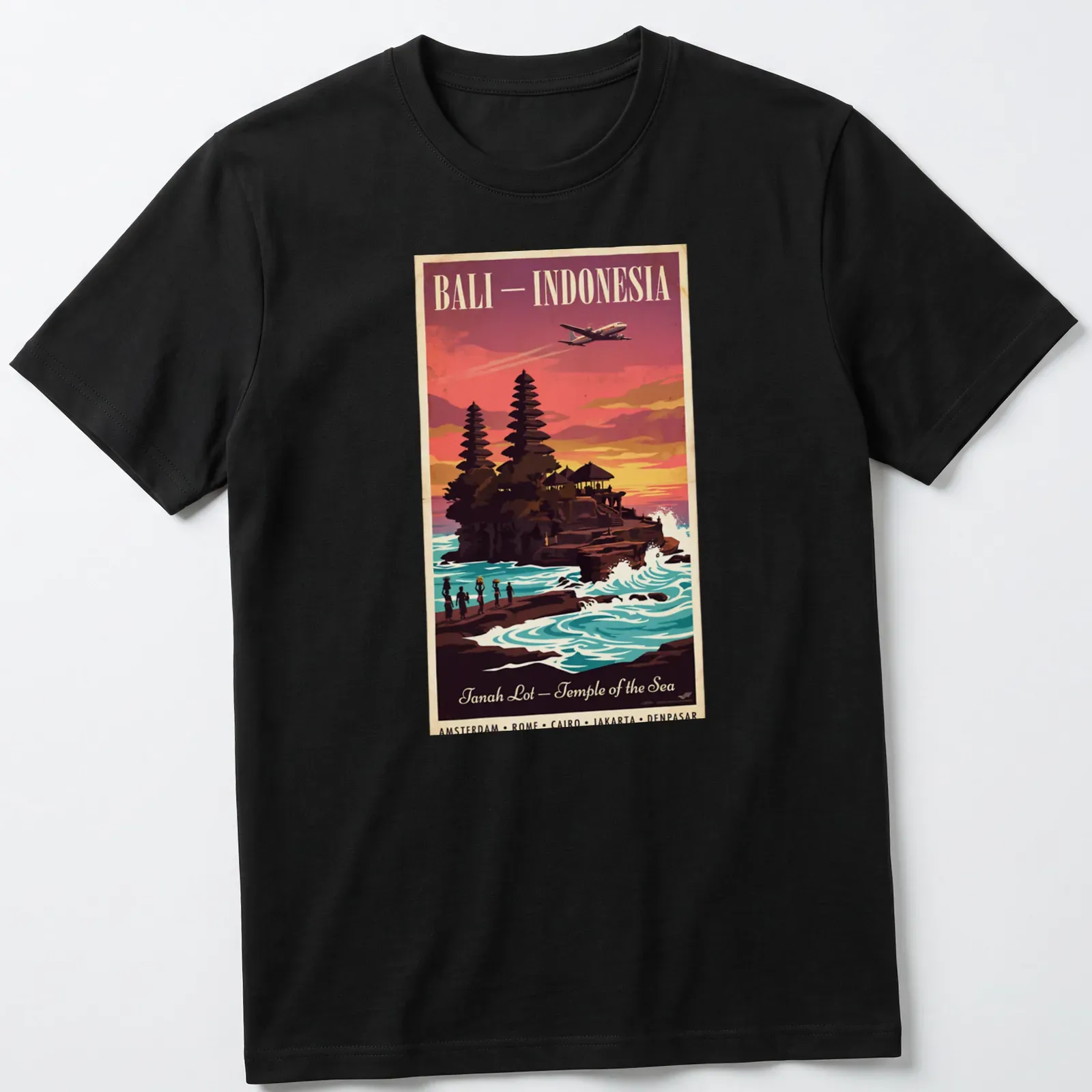 Vintage style T-shirt featuring Tanah Lot Temple in Bali with vibrant sunset colors — printed on a unisex t-shirt