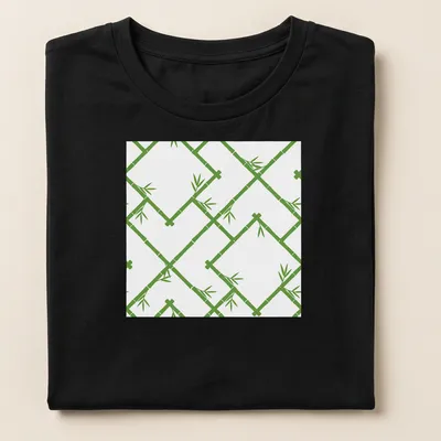 Bamboo lattice pattern in white and grass green on a modern — printed on a women's shirt
