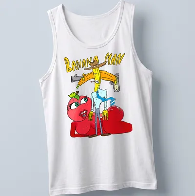 Colorful cartoon of Banana Man holding a gun with the text 'BANANA MAN' — printed on a tank top