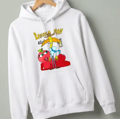 Colorful cartoon of Banana Man holding a gun with the text 'BANANA MAN' — printed on a unisex hoodie