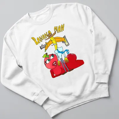 Colorful cartoon of Banana Man holding a gun with the text 'BANANA MAN' — printed on a unisex sweatshirt