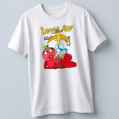 Colorful cartoon of Banana Man holding a gun with the text 'BANANA MAN'