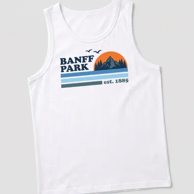 Vintage style t-shirt featuring a mountain sunset with trees in orange and blue — printed on a tank top